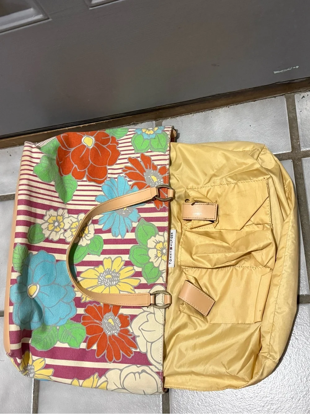 Vintage Y2K Tommy Hilfiger-Floral Stripe Canvas Tote Bag in Multicolor